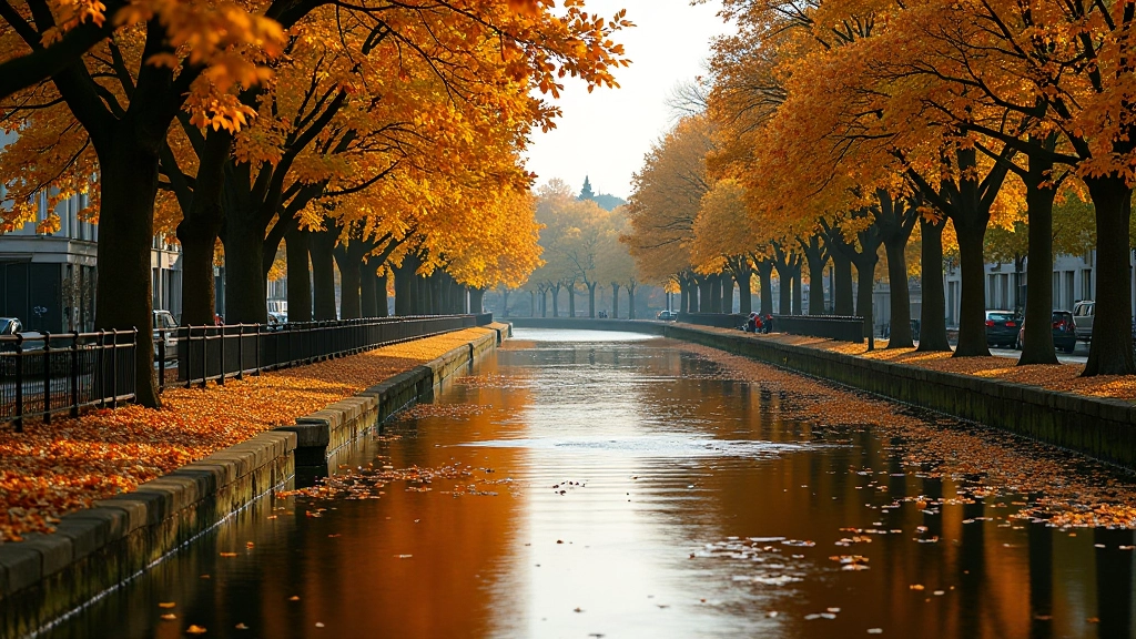 Canal in autumn, fallen leaves on water, golden and orange foliage on trees along towpath, seasonal change