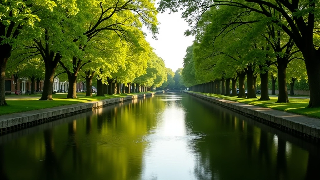 Scenic view of Dublin's Grand Canal with leafy trees lining the towpath and calm water reflecting the sky