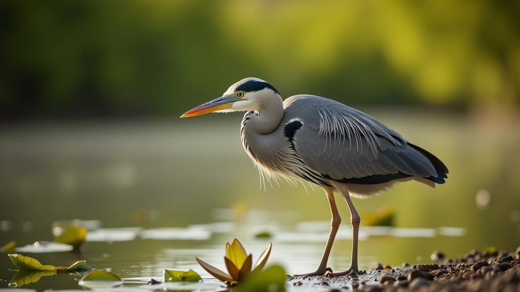 Grey heron standing on canal bank, hunting pose, water plants in background, early morning light