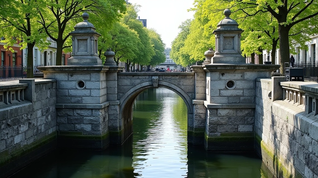 Historic lock gates and stone bridge architecture along Dublin canal, historical detail