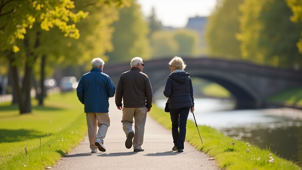 Group of retirees enjoying a peaceful walk together along the Grand Canal towpath in Dublin