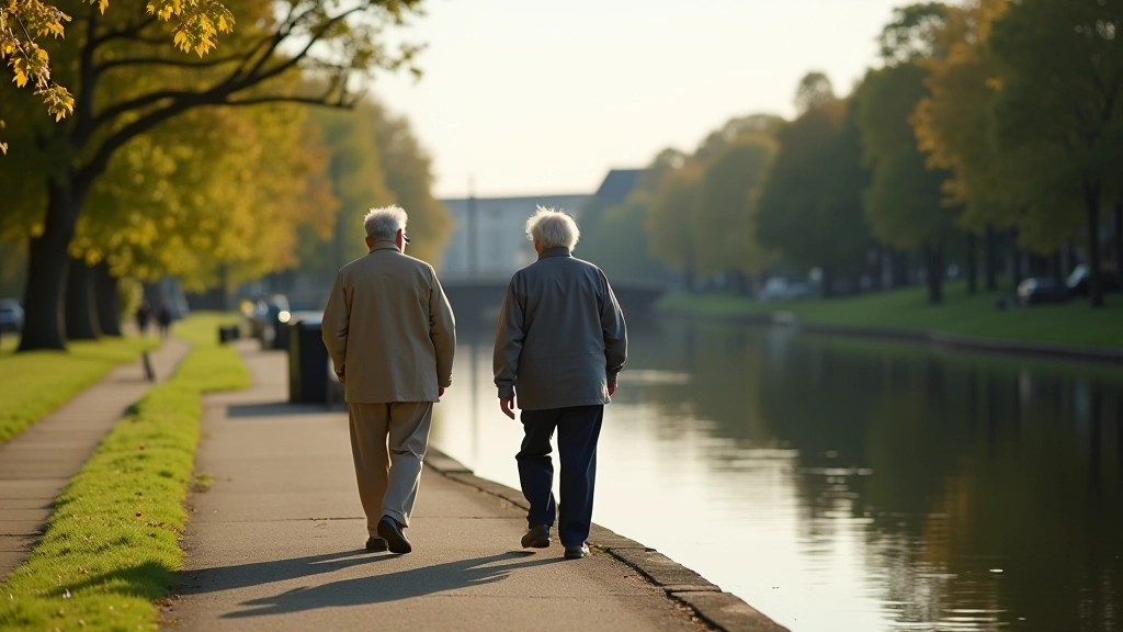 Two people walking along a peaceful canal towpath with water on one side and greenery on the other