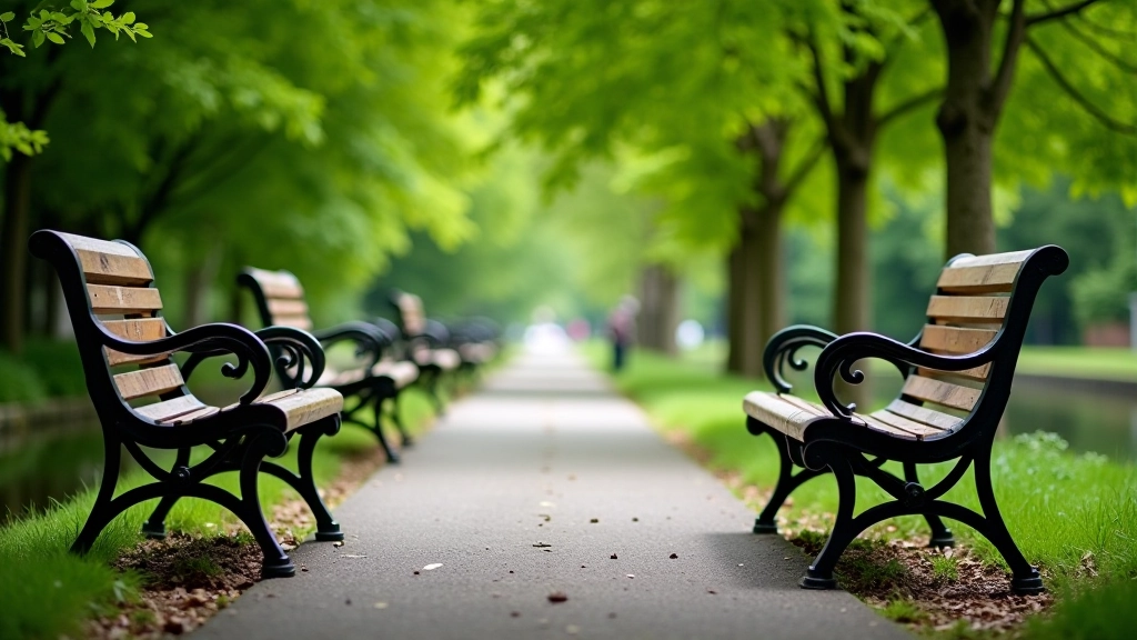 Different wooden and metal benches along canal edge, some with backrests, scenic backdrop