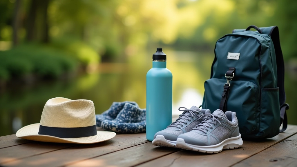 Walking essentials laid out: comfortable shoes, water bottle, light jacket, and small backpack on neutral background, organized display