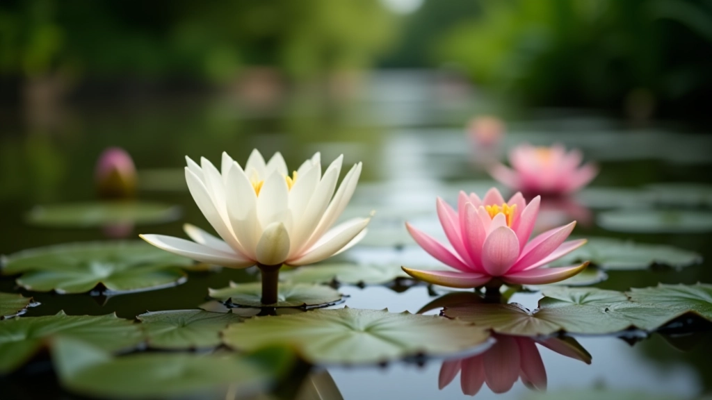 Water lilies and aquatic plants on canal surface, lily pads with white flowers, sunny day, shallow focus on blooms