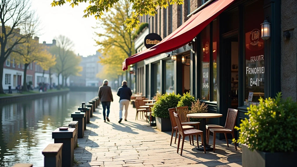Café or rest stop near the canal with outdoor seating, inviting entrance, morning light, welcoming atmosphere